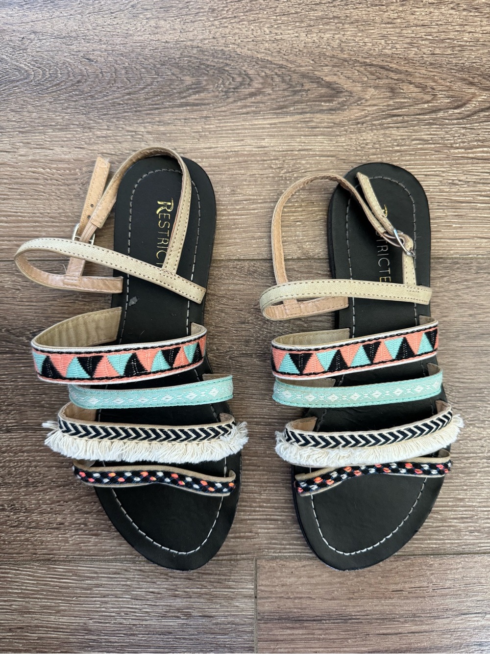 Restricted Boho Festival Strappy Sandals, Multicolor with Fringe